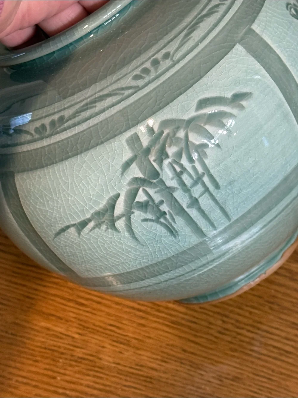 Korean Celadon Vase Green Floral Bamboo Design 7 inch tall x 22 inch Approx Dia
